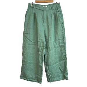 Madewell 100% Linen Pleated Wide Leg Pants Green Size 12 High Rise Culottes